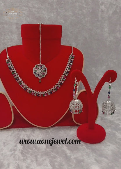 Indian Bridal CZ Diamond Silver Multi Necklace Set