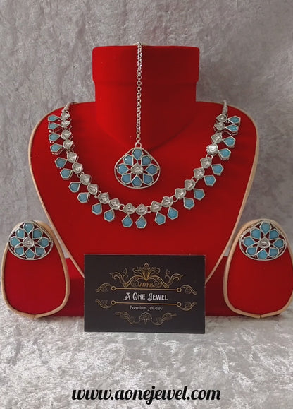 Indian Ethnic Baby Blue Silver Plated Necklace Set