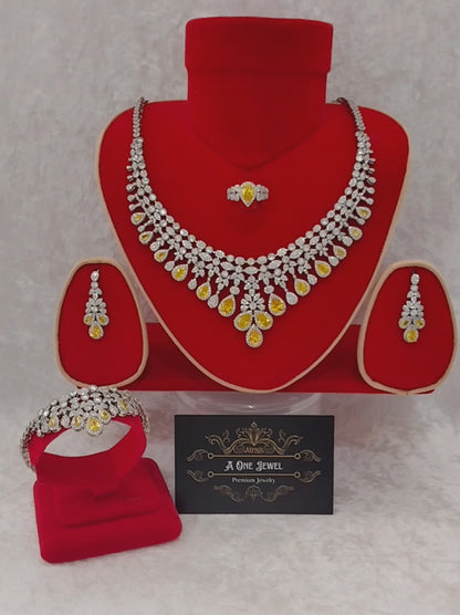 Luxury Indian Bridal CZ Diamond 4PCS Yellow Necklace Set