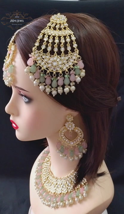 Indian Bridal  Pastel Green Pink Necklace Earrings Jhoomar/Passa Tikka Set