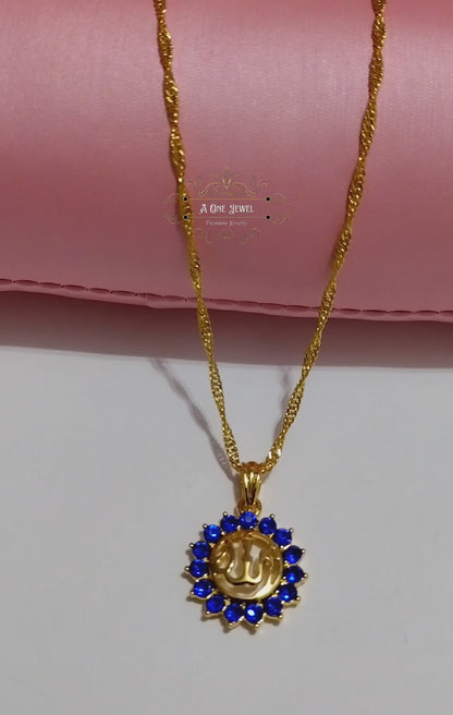 Allah اللہ Blue Zircon Pendant Necklace