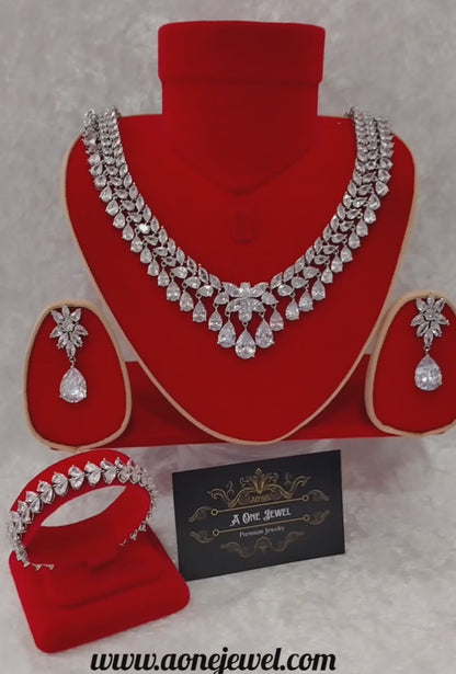 Luxury Indian Bridal Silver CZ Diamond Necklace Set