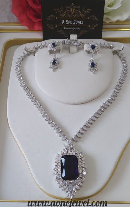 Indian Bridal CZ Diamond Silver Sapphire Necklace Jewellery Set