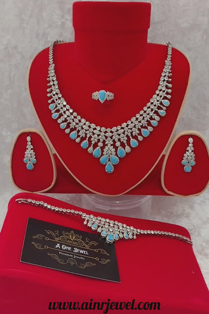 Luxury Indian Bridal CZ Diamond Turquoise Necklace Set