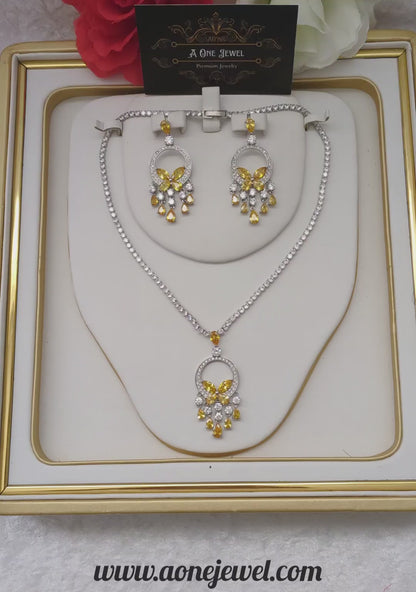 Exclusive Bridal Yellow CZ Diamond Cubic Zirconia Necklace Jewellery Set