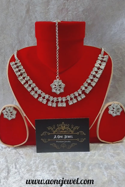 Indian Ethnic Crystal Clear Silver Plated Necklace Set ,