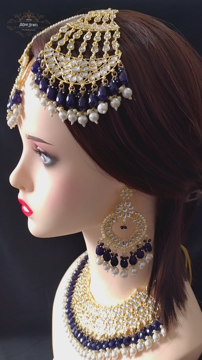 Indian Bridal Navy Blue Necklace Earrings Jhoomar Tikka Set