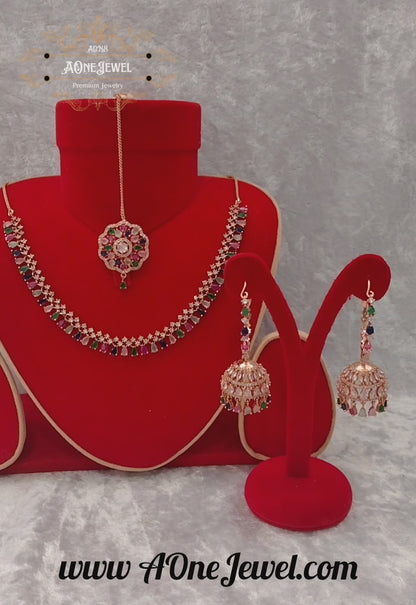 Indian Bridal CZ Diamond Multi Rose Gold Necklace Set