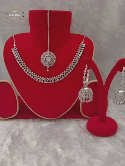 Indian Bridal CZ Diamond Silver Plated Necklace Set