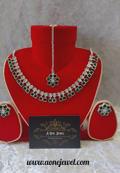 Indian Ethnic Green Silver Plated Necklace Set