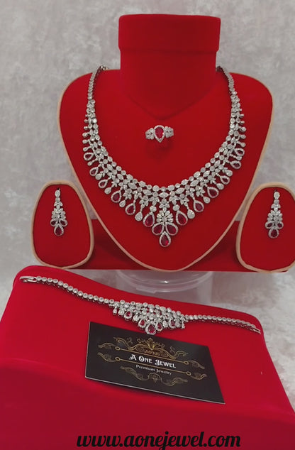 Luxury Indian Bridal CZ Diamond 4PCS Red Necklace Set