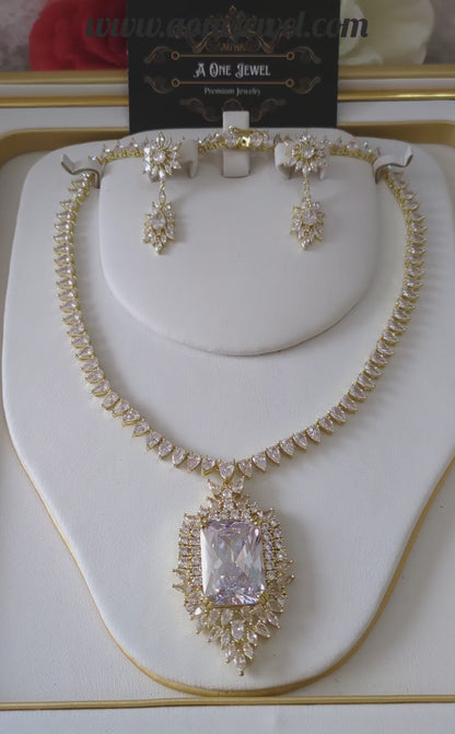 Indian Bridal CZ Diamond Gold Plated Clear Necklace Jewellery Set