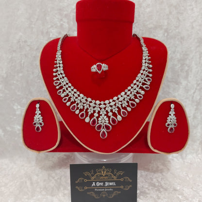 Luxury Indian Bridal CZ Diamond 4PCS Red Necklace Set