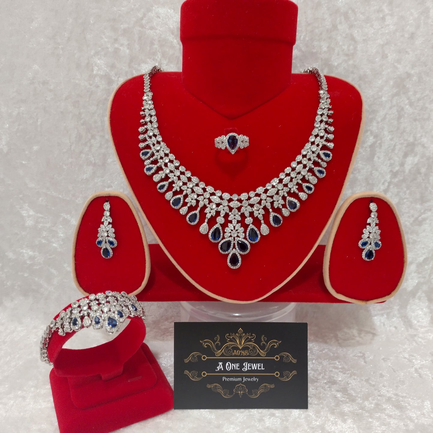 Luxury Indian Bridal CZ Diamond 4PCS Sapphire Necklace Set