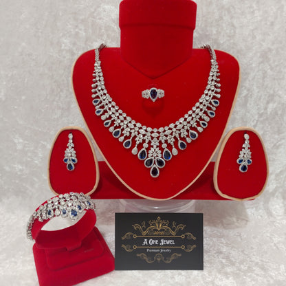 Luxury Indian Bridal CZ Diamond 4PCS Sapphire Necklace Set