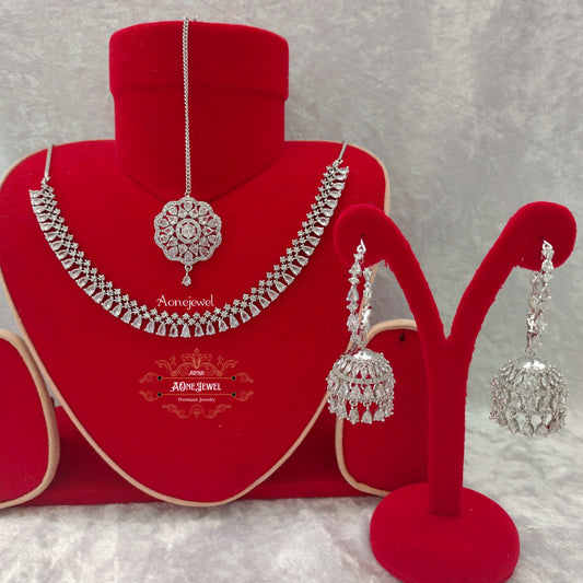 Indian Bridal CZ Diamond Silver Plated Necklace Set