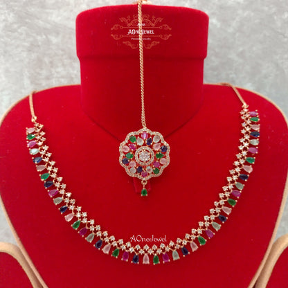 Indian Bridal CZ Diamond Multi Rose Gold Necklace Set