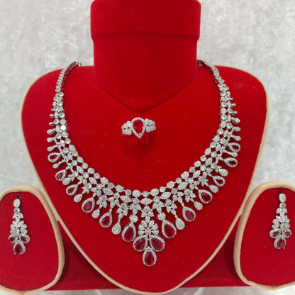 Luxury Indian Bridal CZ Diamond 4PCS Red Necklace Set