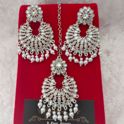 Indian Silver Plated Kundan Pearl Earrings Tikka Set