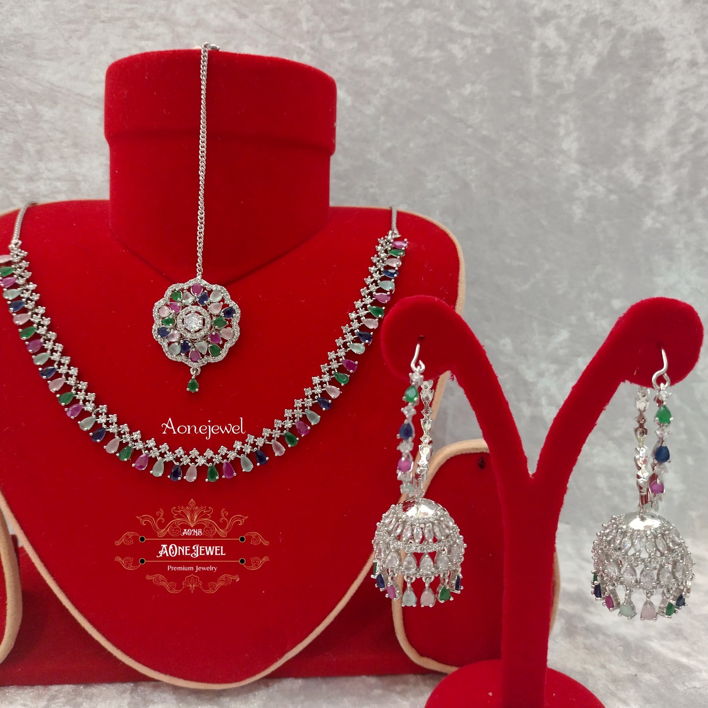 Indian Bridal CZ Diamond Silver Multi Necklace Set