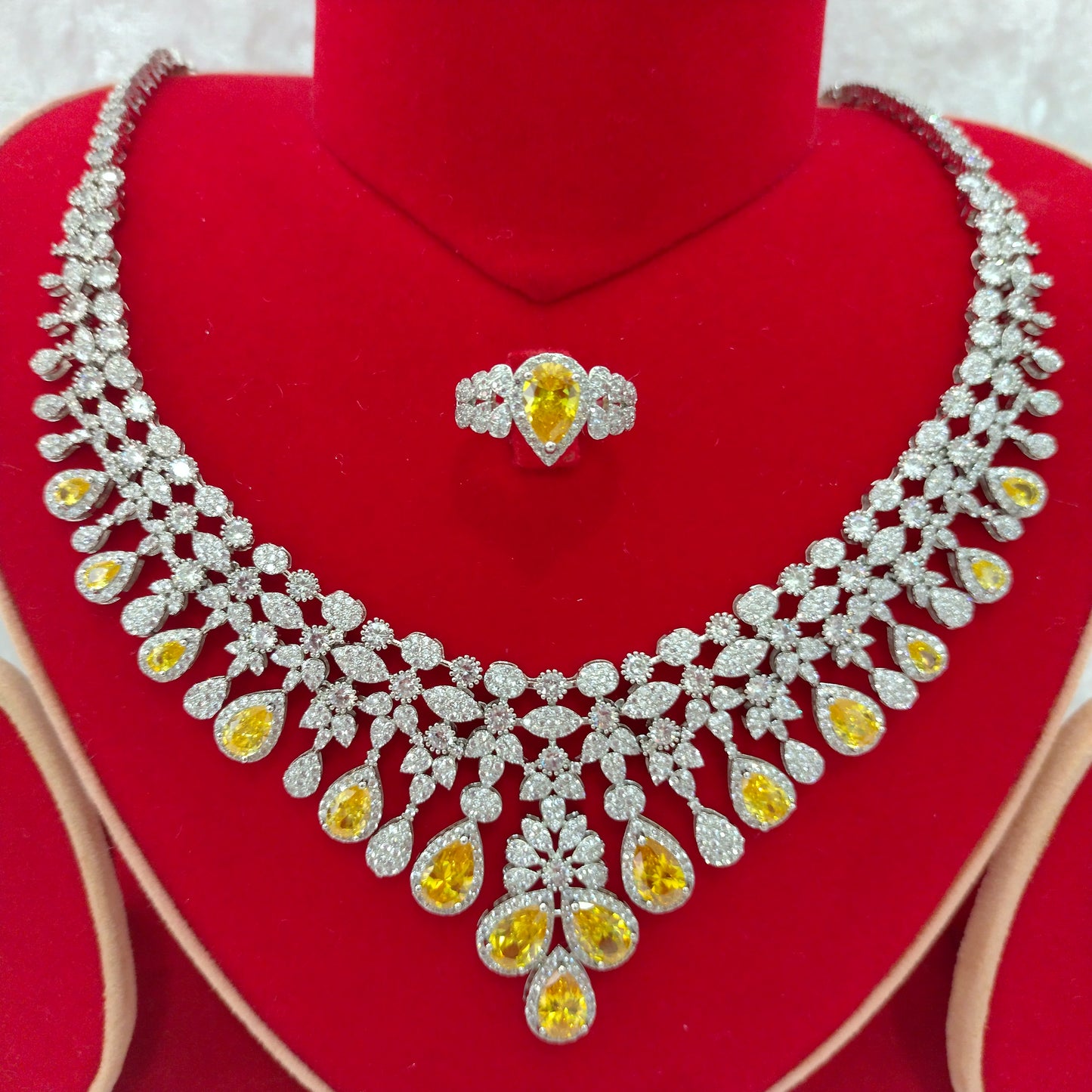 Luxury Indian Bridal CZ Diamond 4PCS Yellow Necklace Set