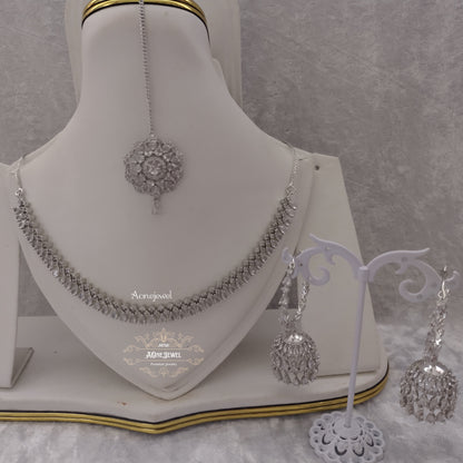 Indian Bridal CZ Diamond Silver Plated Necklace Set