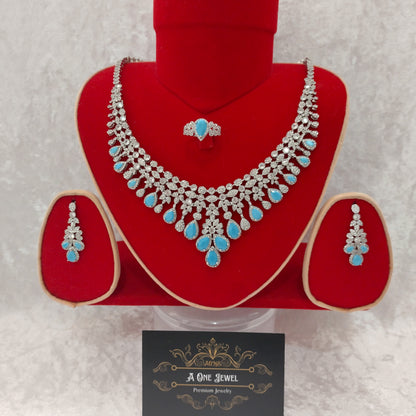 Luxury Indian Bridal CZ Diamond Turquoise Necklace Set