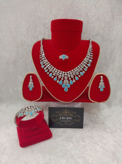 Luxury Indian Bridal CZ Diamond Turquoise Necklace Set