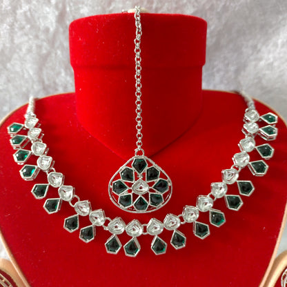 Indian Ethnic Green Silver Plated Necklace Set