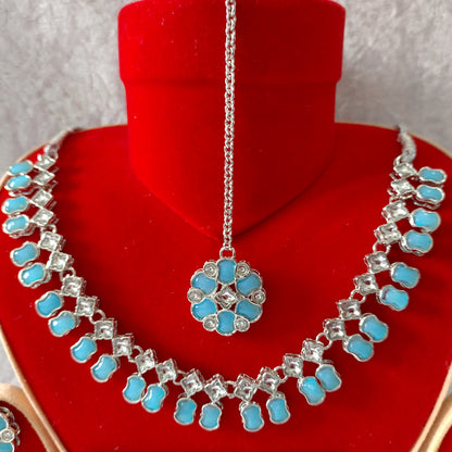 Indian Ethnic Baby Blue Silver Plated Necklace Set