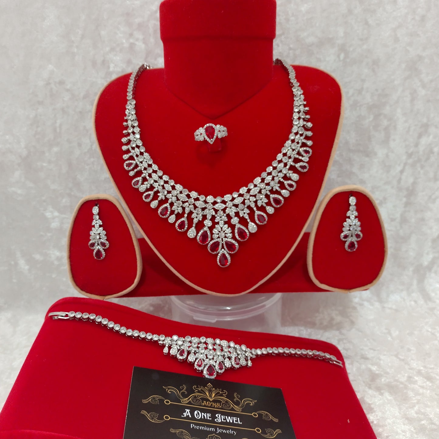 Luxury Indian Bridal CZ Diamond 4PCS Red Necklace Set