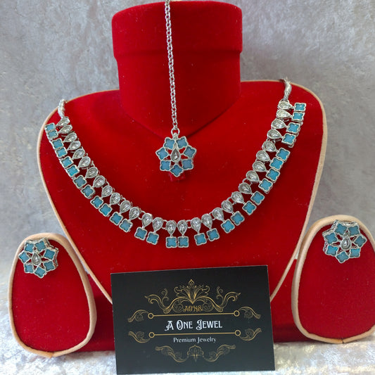 Indian Ethnic Baby Blue Silver Plated Necklace Set