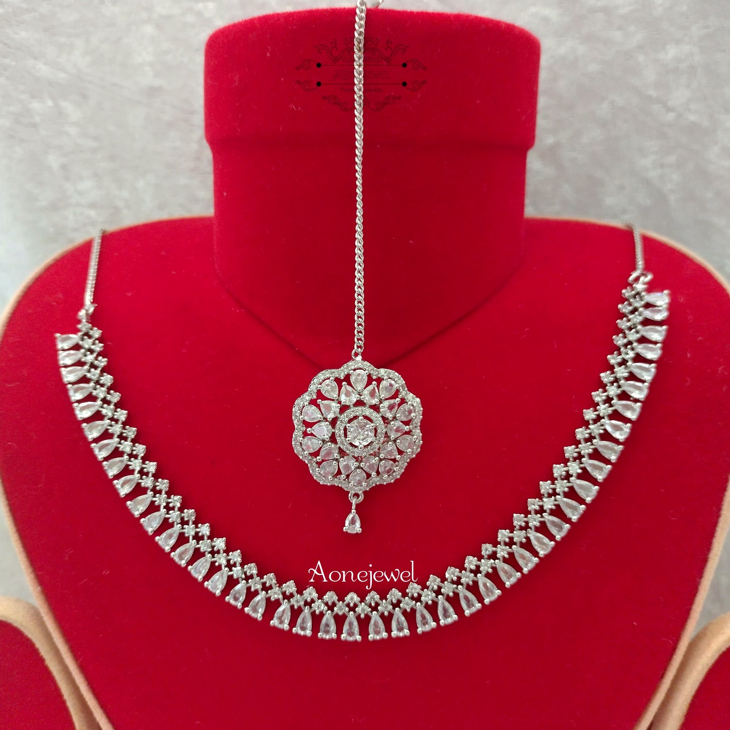 Indian Bridal CZ Diamond Silver Plated Necklace Set