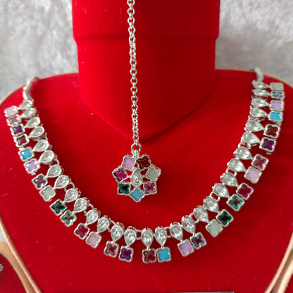 Indian Ethnic Multi Silver Plated Necklace Set