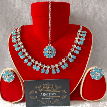 Indian Ethnic Baby Blue Silver Plated Necklace Set