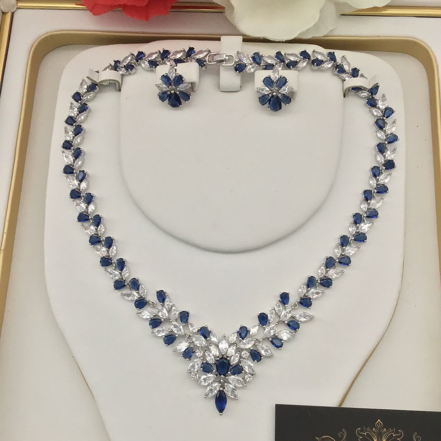 Exclusive Bridal Sapphire CZ Diamond Cubic Zirconia Necklace Jewellery Set