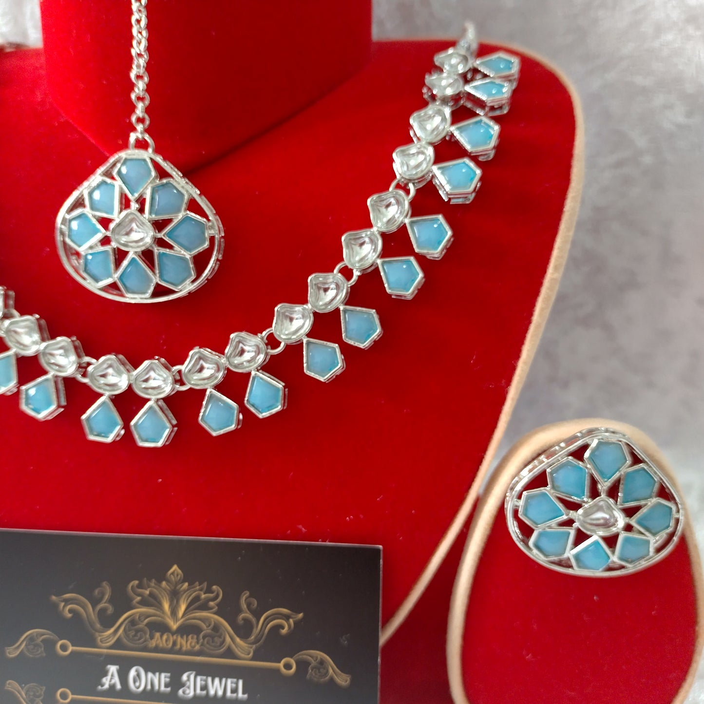 Indian Ethnic Baby Blue Silver Plated Necklace Set