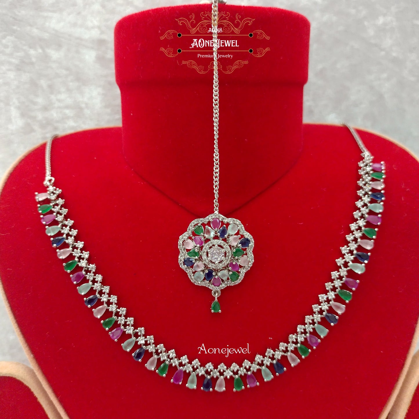 Indian Bridal CZ Diamond Silver Multi Necklace Set