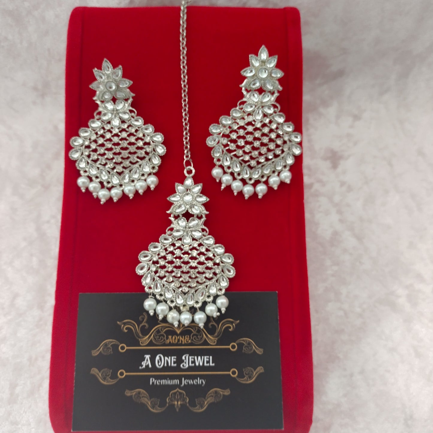 Indian Silver Plated Kundan Pearl Earrings Tikka Set