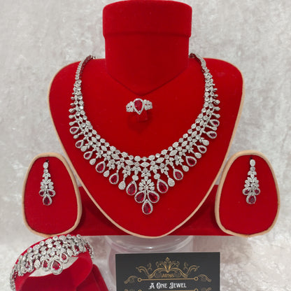 Luxury Indian Bridal CZ Diamond 4PCS Red Necklace Set