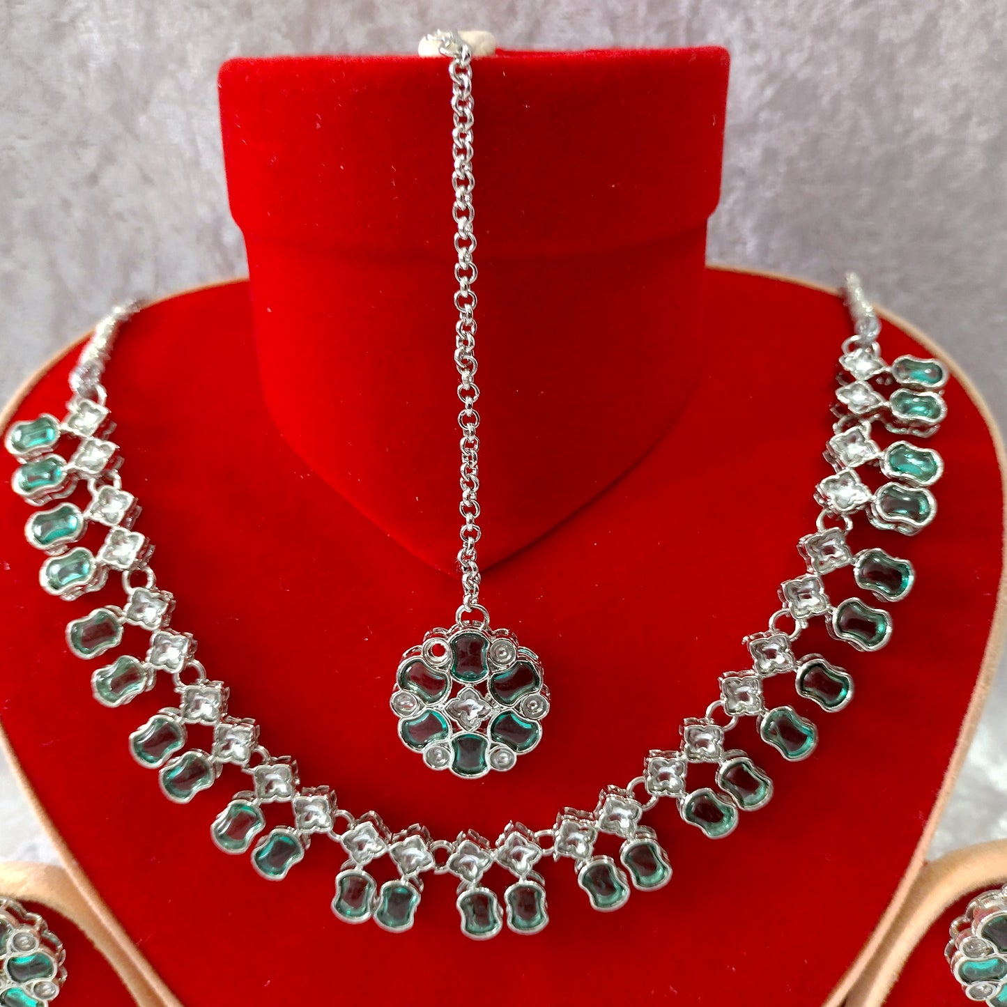 Indian Ethnic Light Green Silver Plated Necklace Set