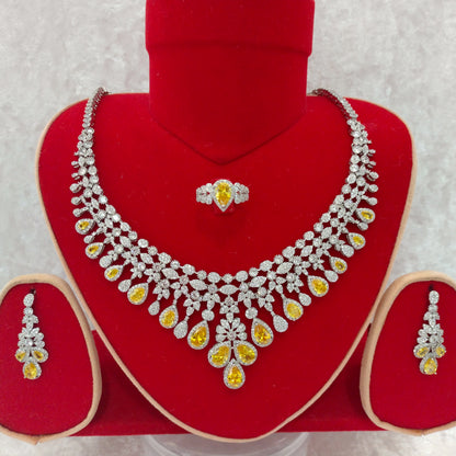 Luxury Indian Bridal CZ Diamond 4PCS Yellow Necklace Set