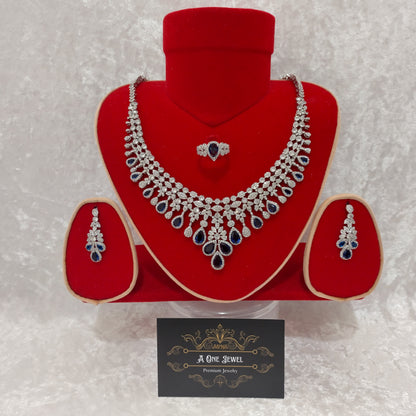 Luxury Indian Bridal CZ Diamond 4PCS Sapphire Necklace Set