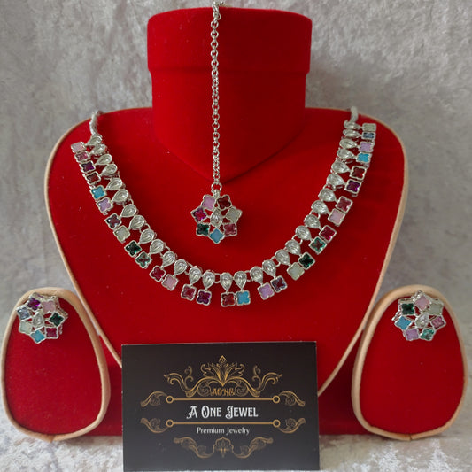 Indian Ethnic Multi Silver Plated Necklace Set