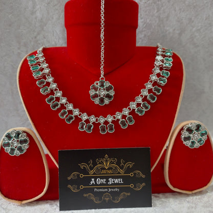 Indian Ethnic Light Green Silver Plated Necklace Set