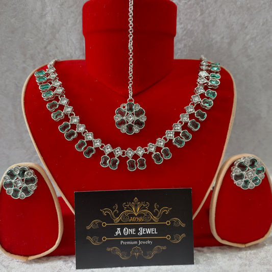 Indian Ethnic Light Green Silver Plated Necklace Set