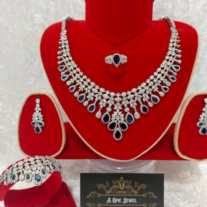 Luxury Indian Bridal CZ Diamond 4PCS Sapphire Necklace Set