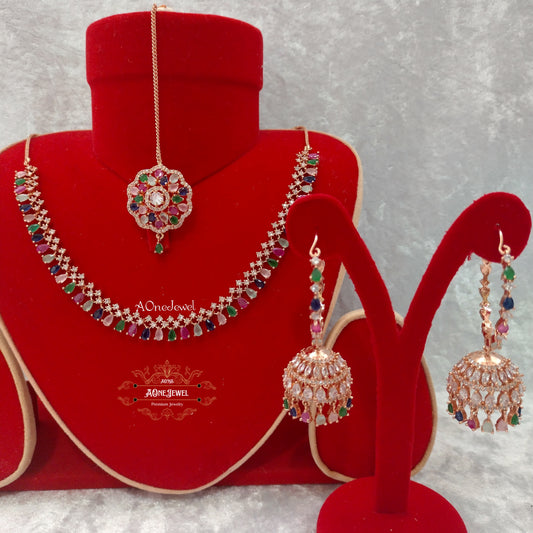 Indian Bridal CZ Diamond Multi Rose Gold Necklace Set