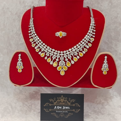 Luxury Indian Bridal CZ Diamond 4PCS Yellow Necklace Set