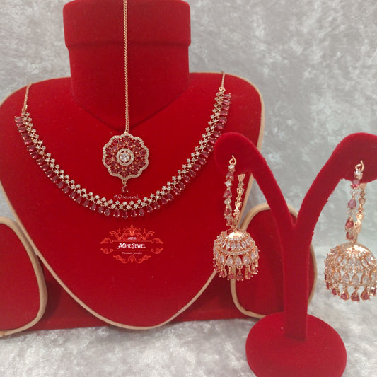 Indian Bridal CZ Diamond Rose Gold Pink Necklace Set